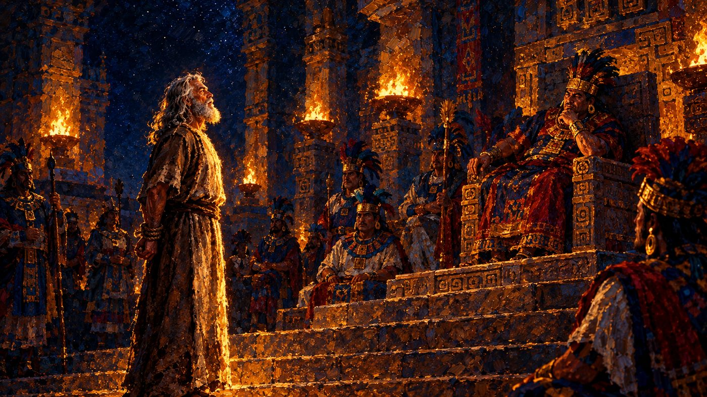 Painting: the prophet Abinadi, an older bearded man in a rough robe, stands and speaks before King Noah on a throne in a torch-lit stone hall full of priests.