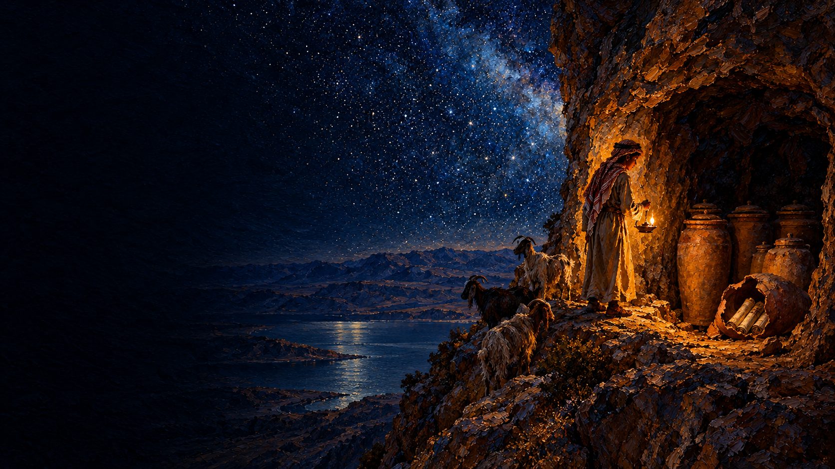 Painting: a young Bedouin shepherd with an oil lamp at the mouth of a cliff cave above the Dead Sea at night, tall clay jars glowing inside.