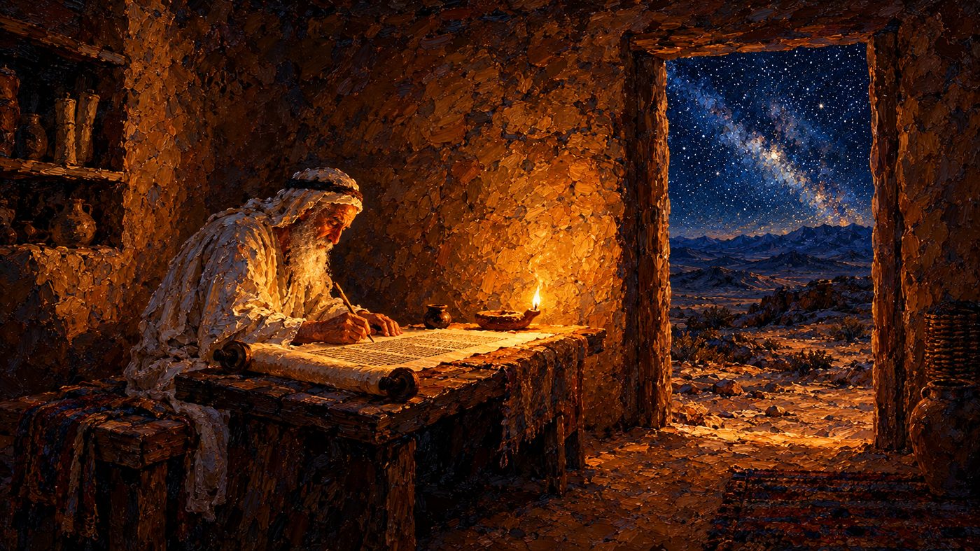 Painting: an elderly scribe in white linen copying a long scroll by the light of a clay oil lamp, a starry desert seen through the doorway.