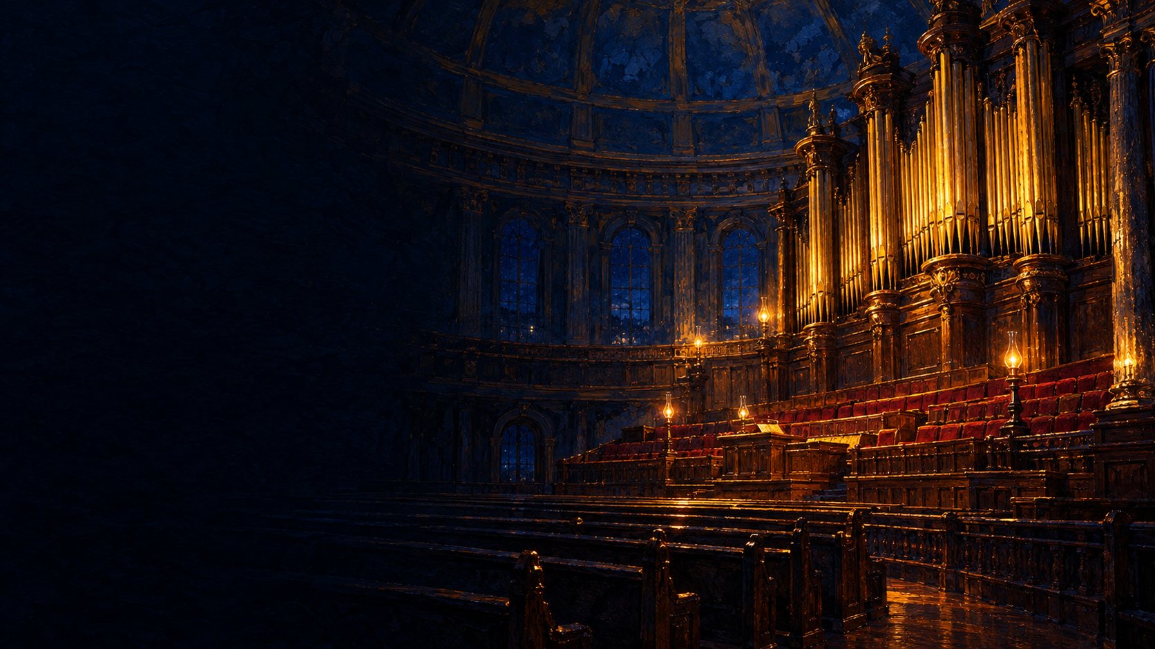 The Salt Lake Tabernacle at night: the great organ’s gold pipes lit above rows of red choir seats and empty wooden pews.