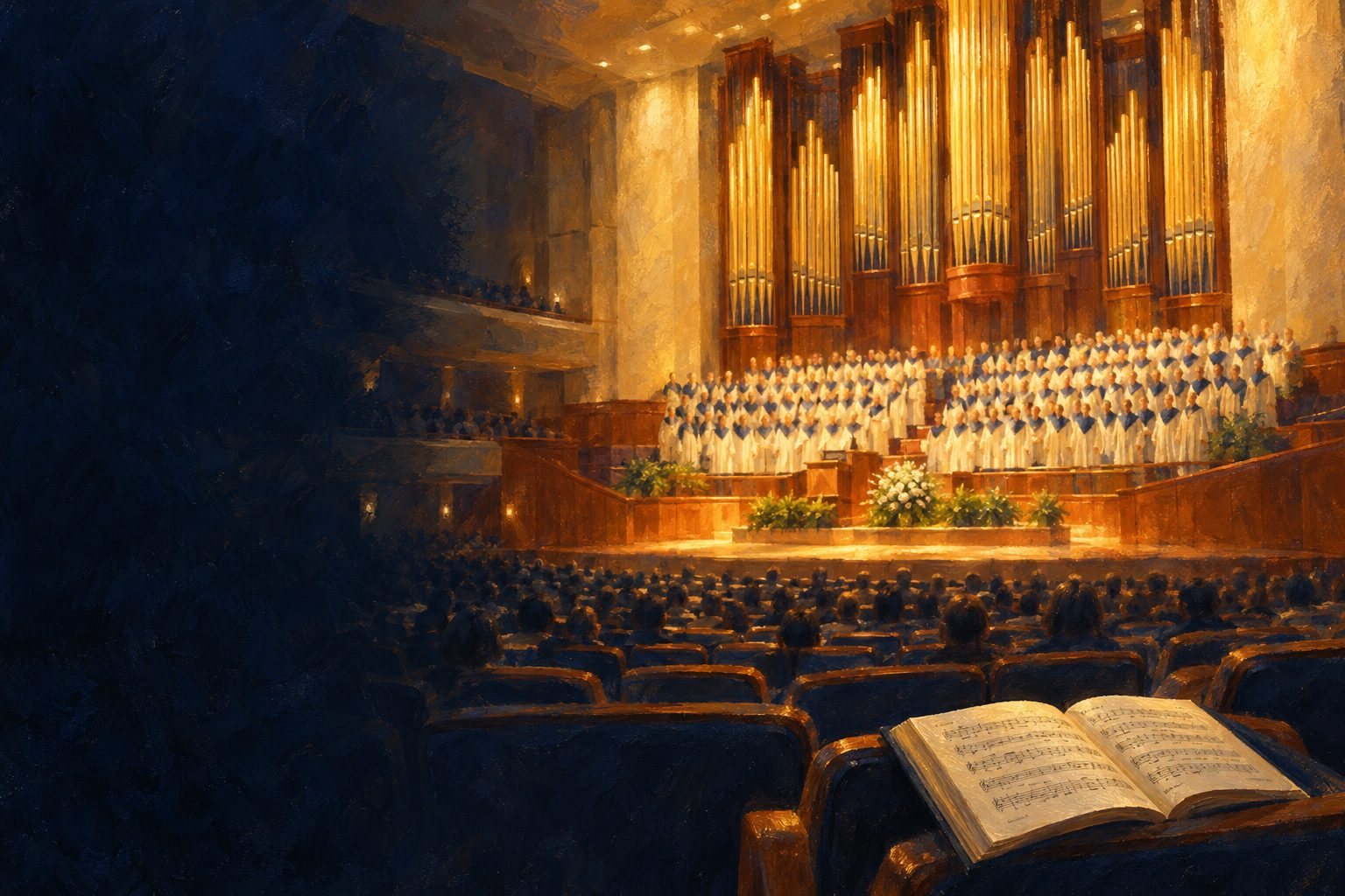A painted view of a great conference hall from the back, a robed choir in the loft beneath a wall of gilded organ pipes, and an open hymnbook resting on a seat in the foreground.
