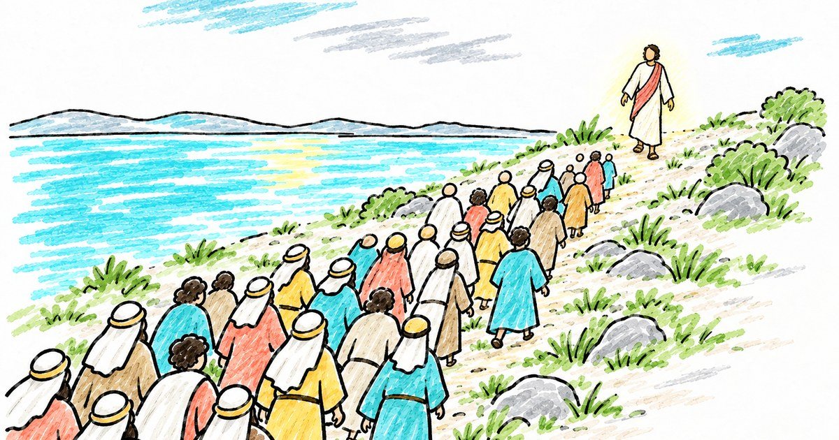 Sketch-note drawing of a crowd following Jesus up a hillside by the Sea of Galilee