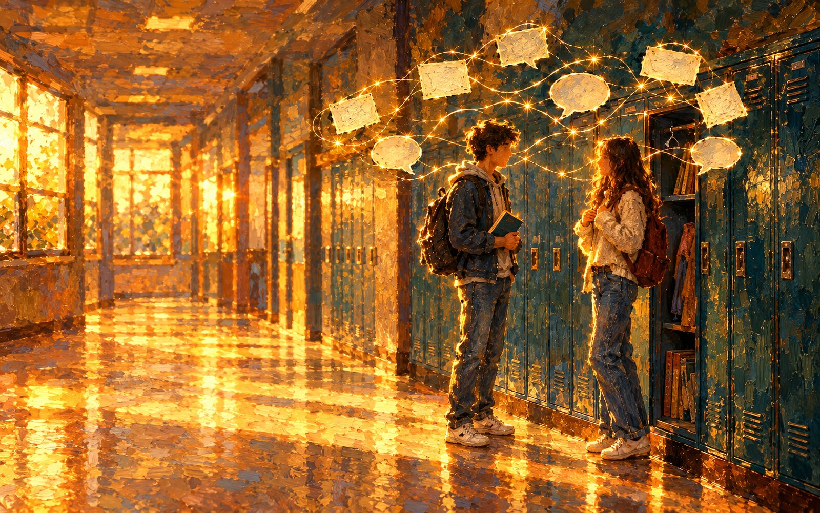 Two teenage friends talking in a warmly lit school hallway, with question cards linked by threads of light above them