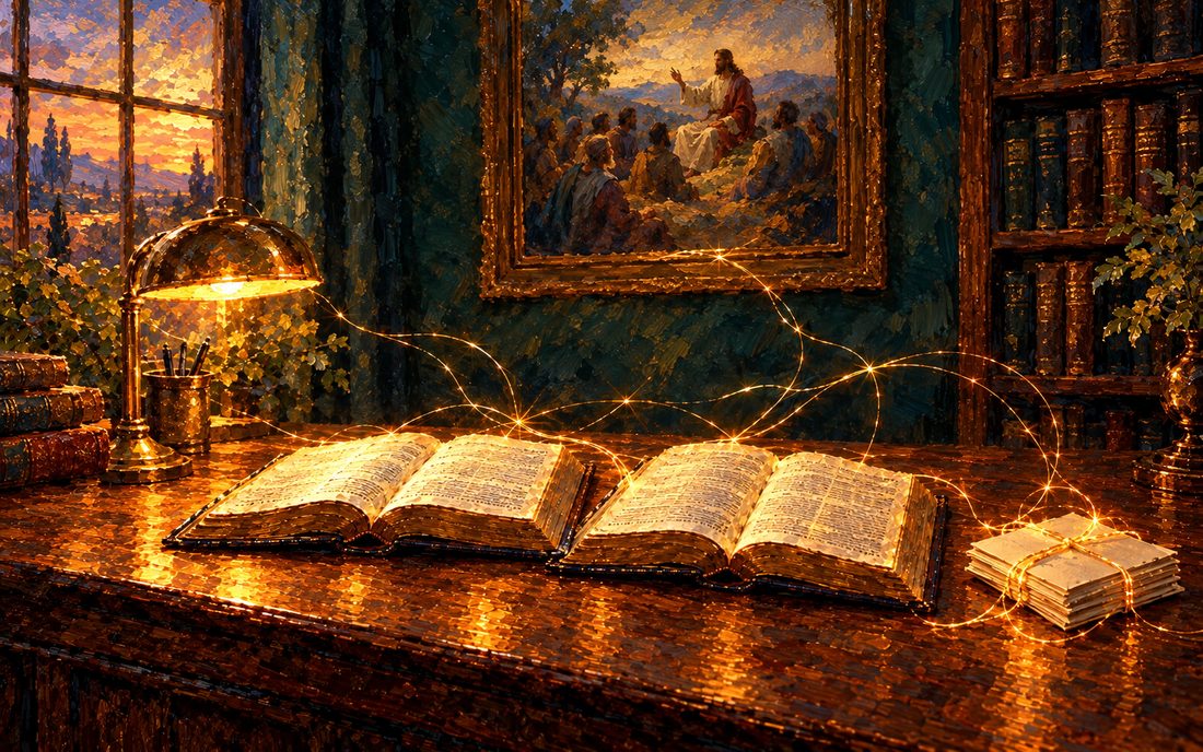 Two open books of scripture on a lamplit desk beneath a painting of Jesus teaching