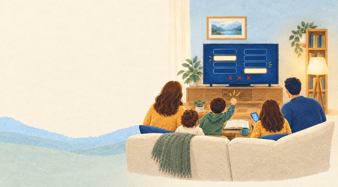 A family on the couch playing a survey game on the TV