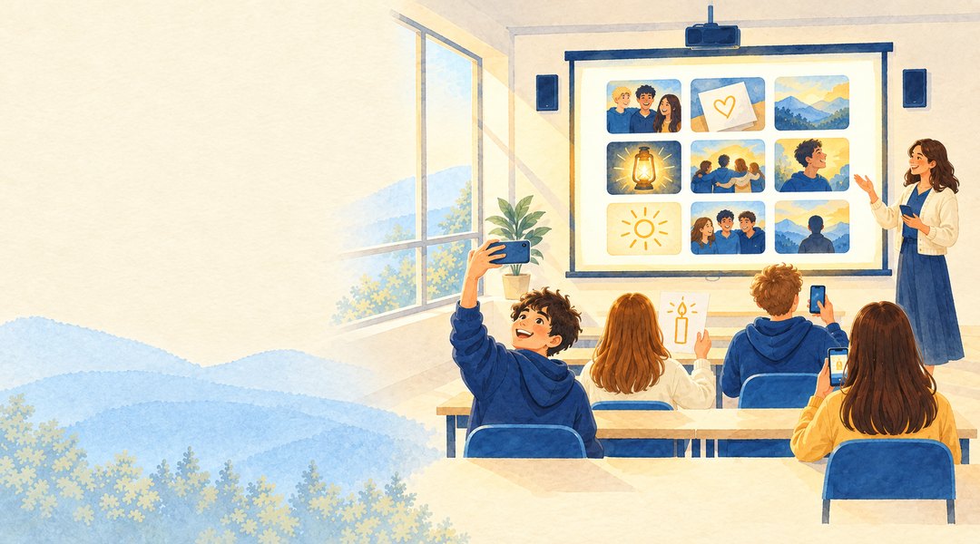 Watercolor of a seminary class holding up phones and paper drawings while their photos glow on the projector