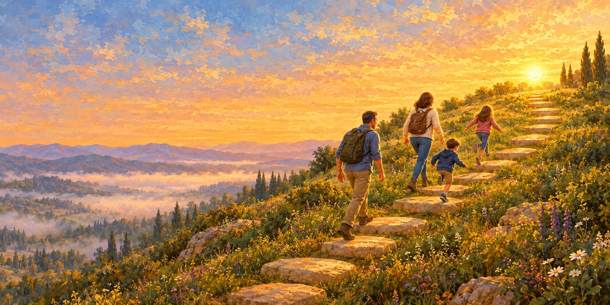 A family climbing a hillside path of thirteen glowing stepping stones at sunrise